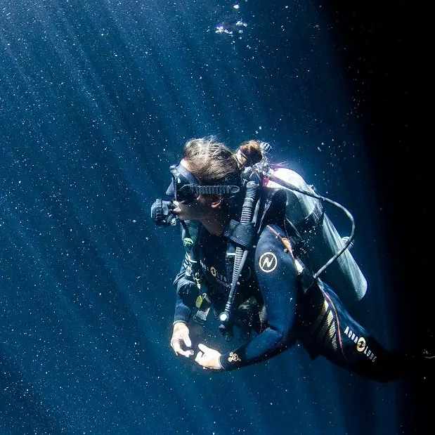 Un buzo bajo el agua con rayos de sol atravesando el mar